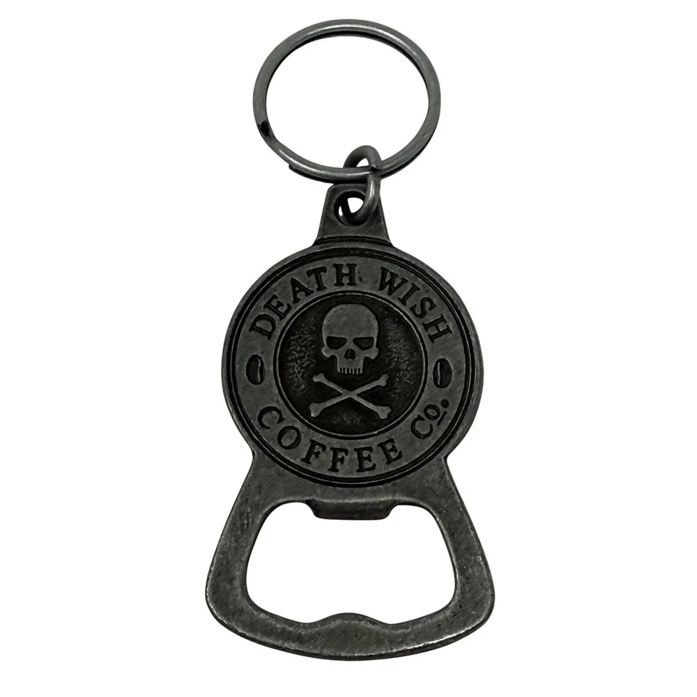 Death Wish Coffee Co‎ Bottle Opener Keychain Silver Skull Crossbones Pewter Tone